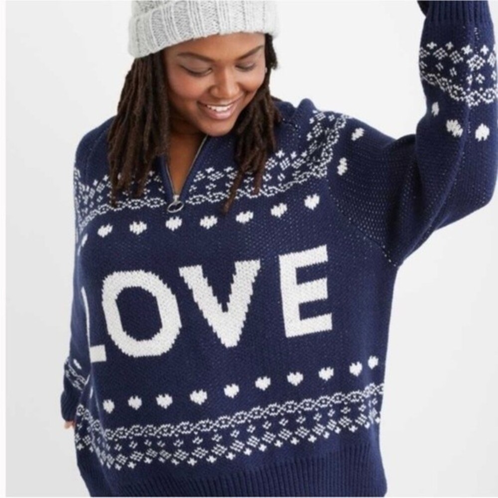 Aerie Navy Love Oversized Fairisle 1/4 Zip Pullover Size Small Winter Comfy